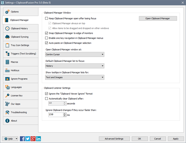 ClipboardFusion Clipboard Manager Settings Tab